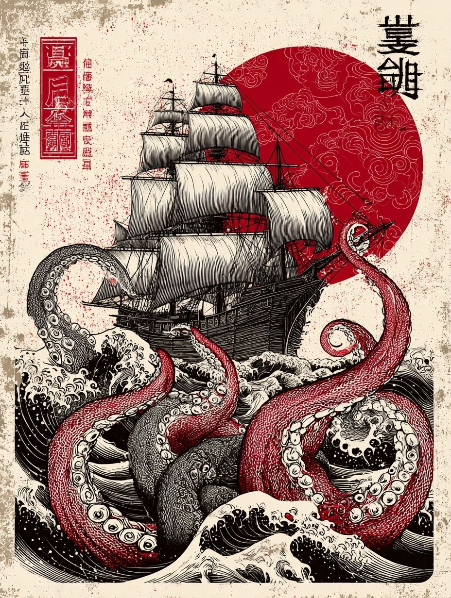 Octopus Ship Japanese Print Poster. poster detail