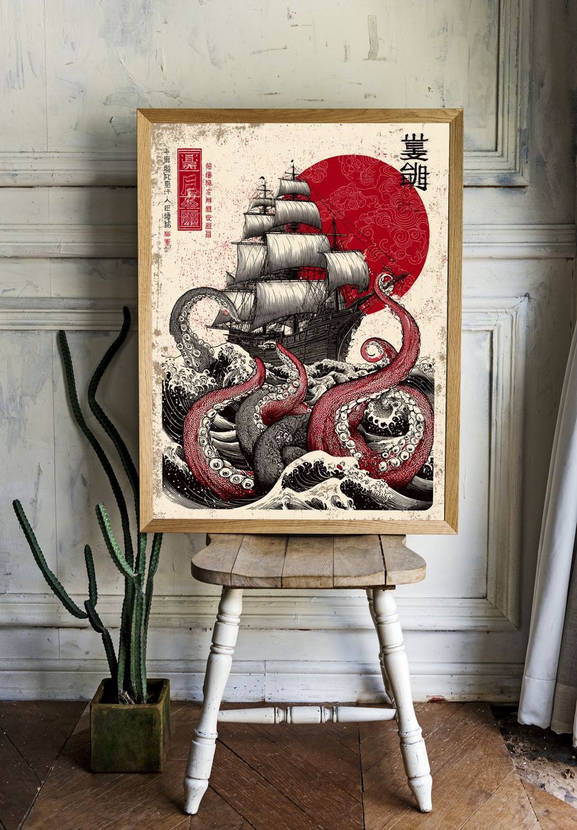 Octopus Ship Japanese Print Poster. — room view 1