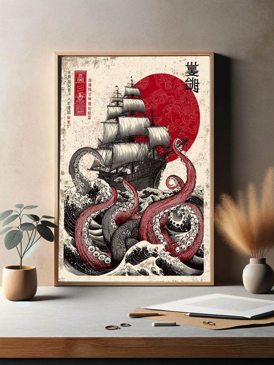 Octopus Ship Japanese Print Poster. — room view 2
