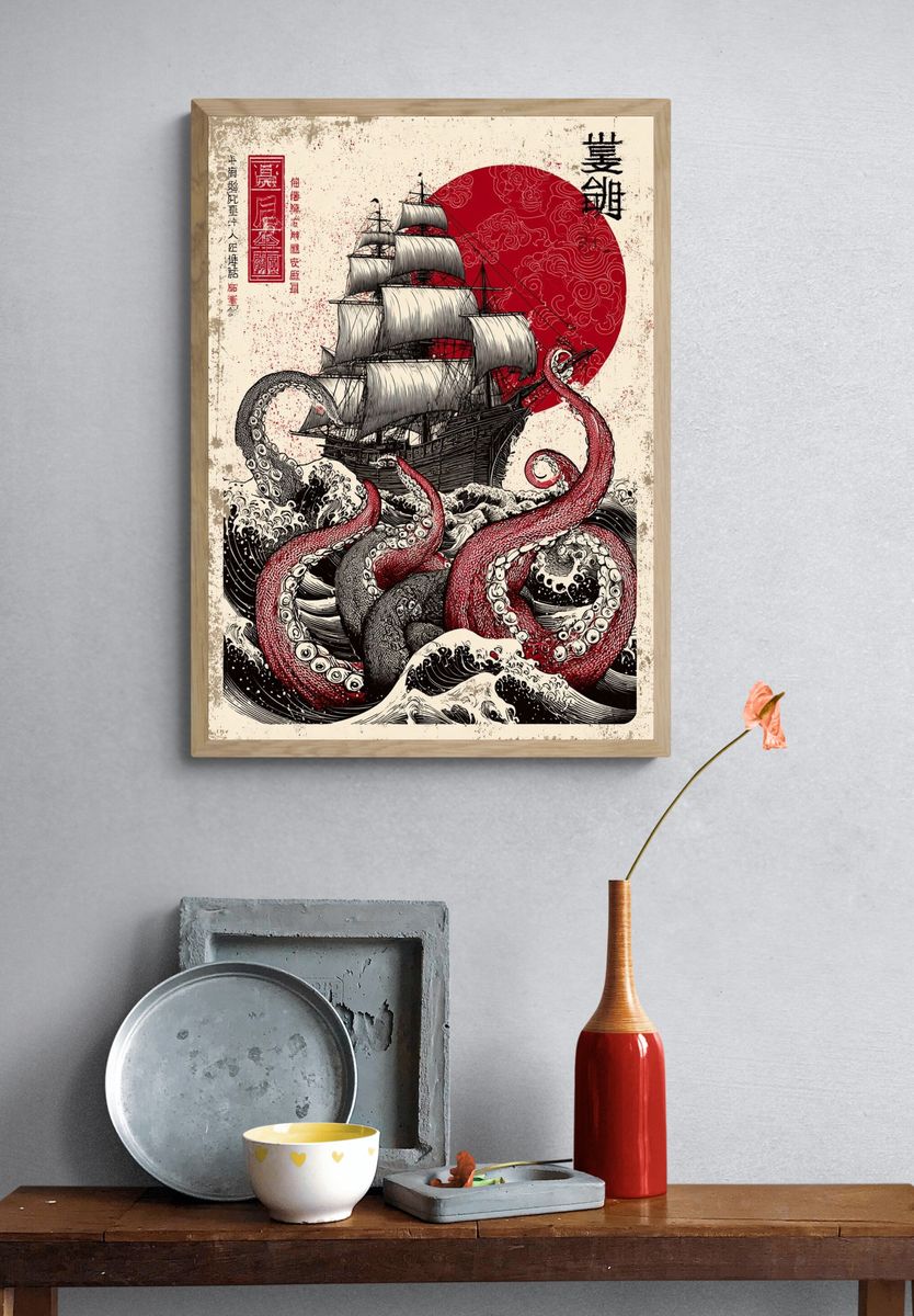 Octopus Ship Japanese Print Poster. — room view 3