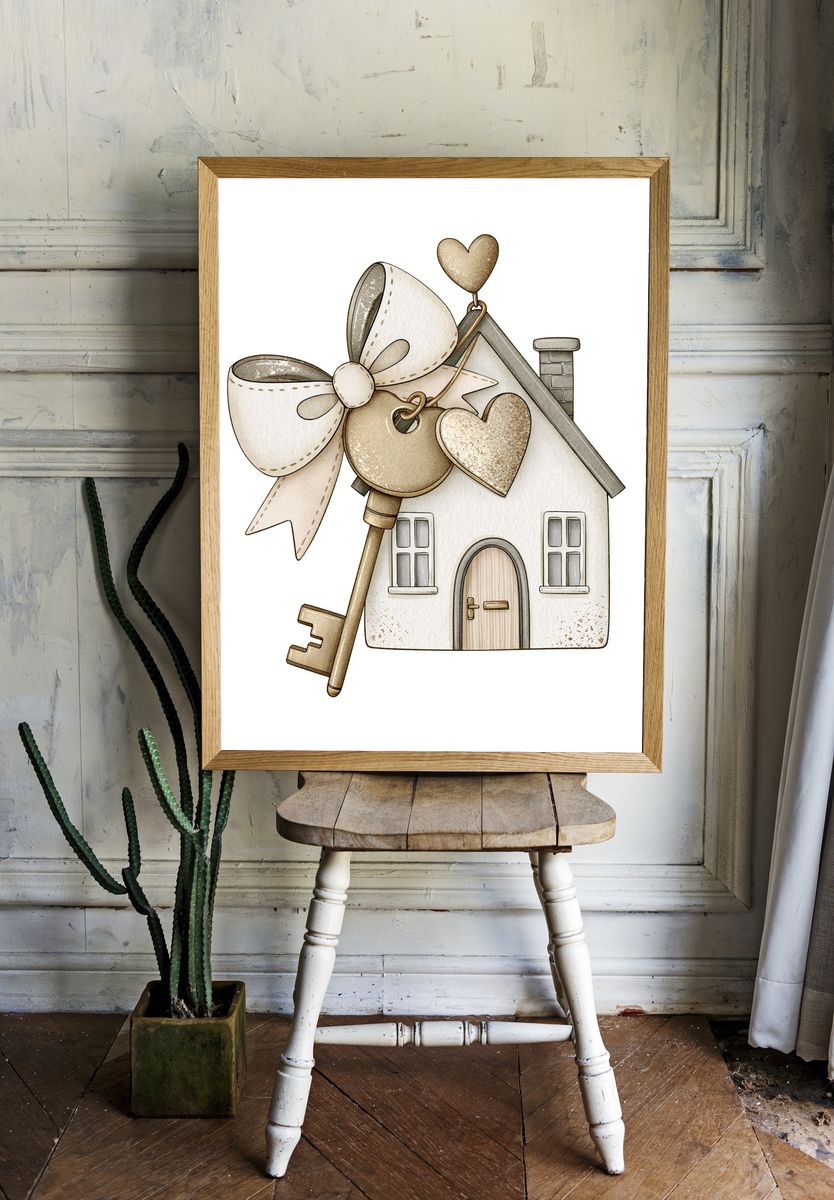 Heart Key House Illustration Print. — room view 1