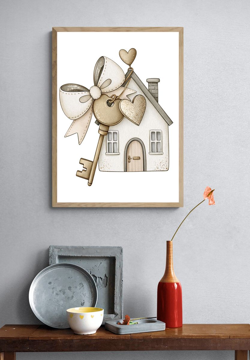 Heart Key House Illustration Print. — room view 3