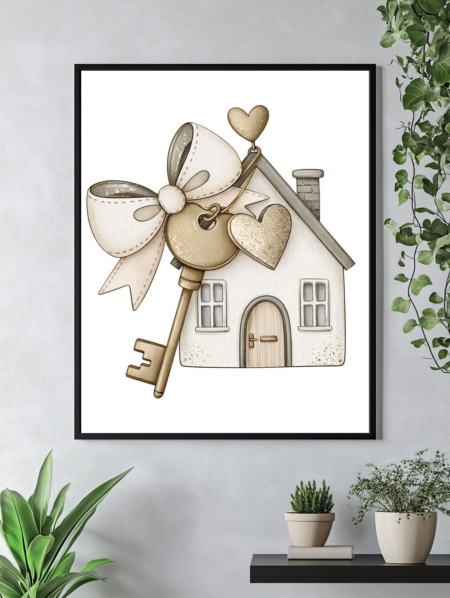 Heart Key House Illustration Print. — room view 4