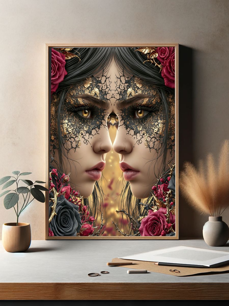 Twin Faces Floral Surrealism Print. — room view 2