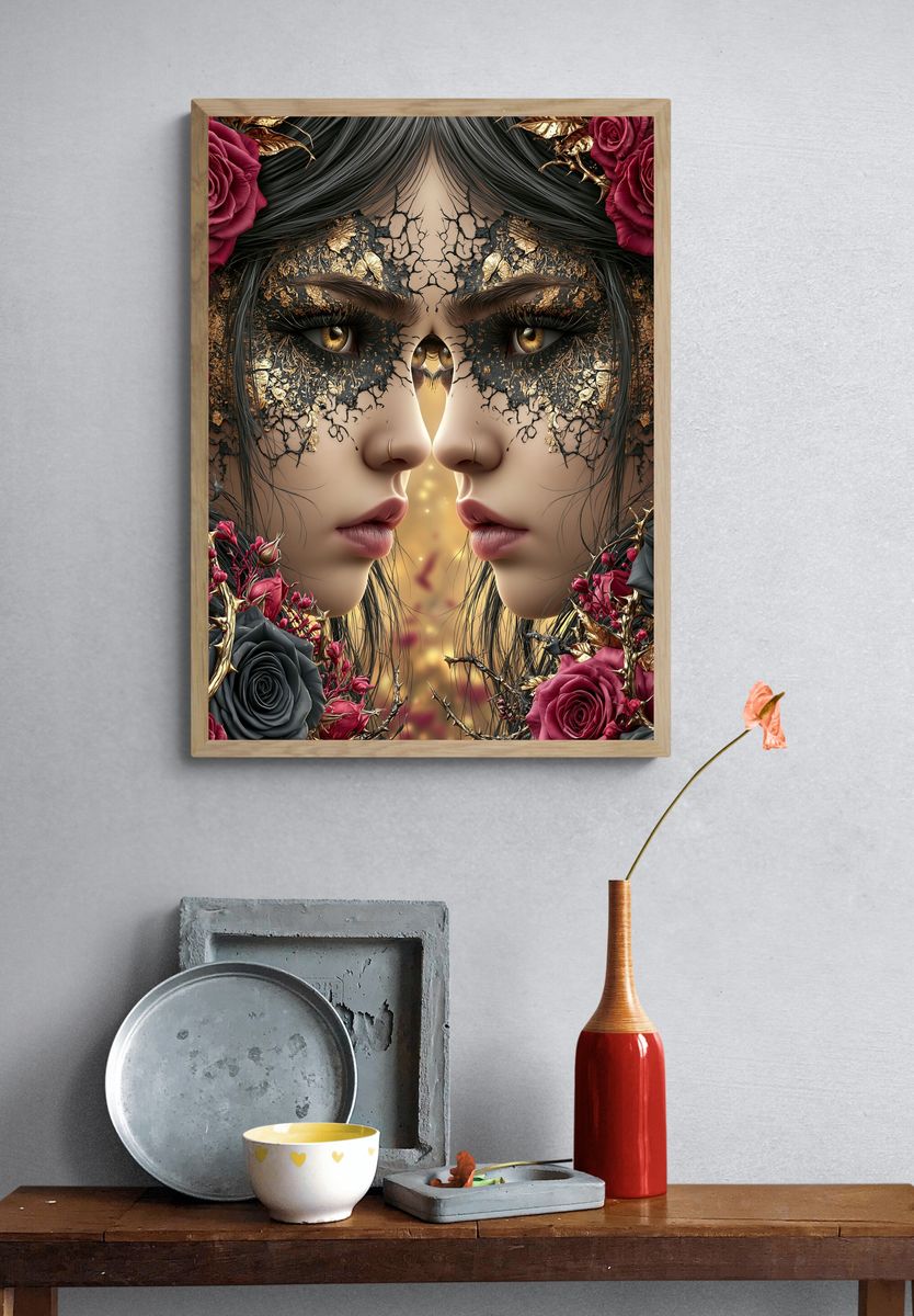 Twin Faces Floral Surrealism Print. — room view 3