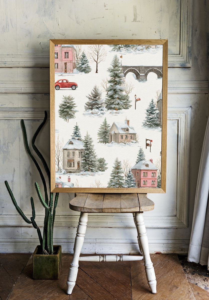 Winter Village Watercolor Print. — room view 1