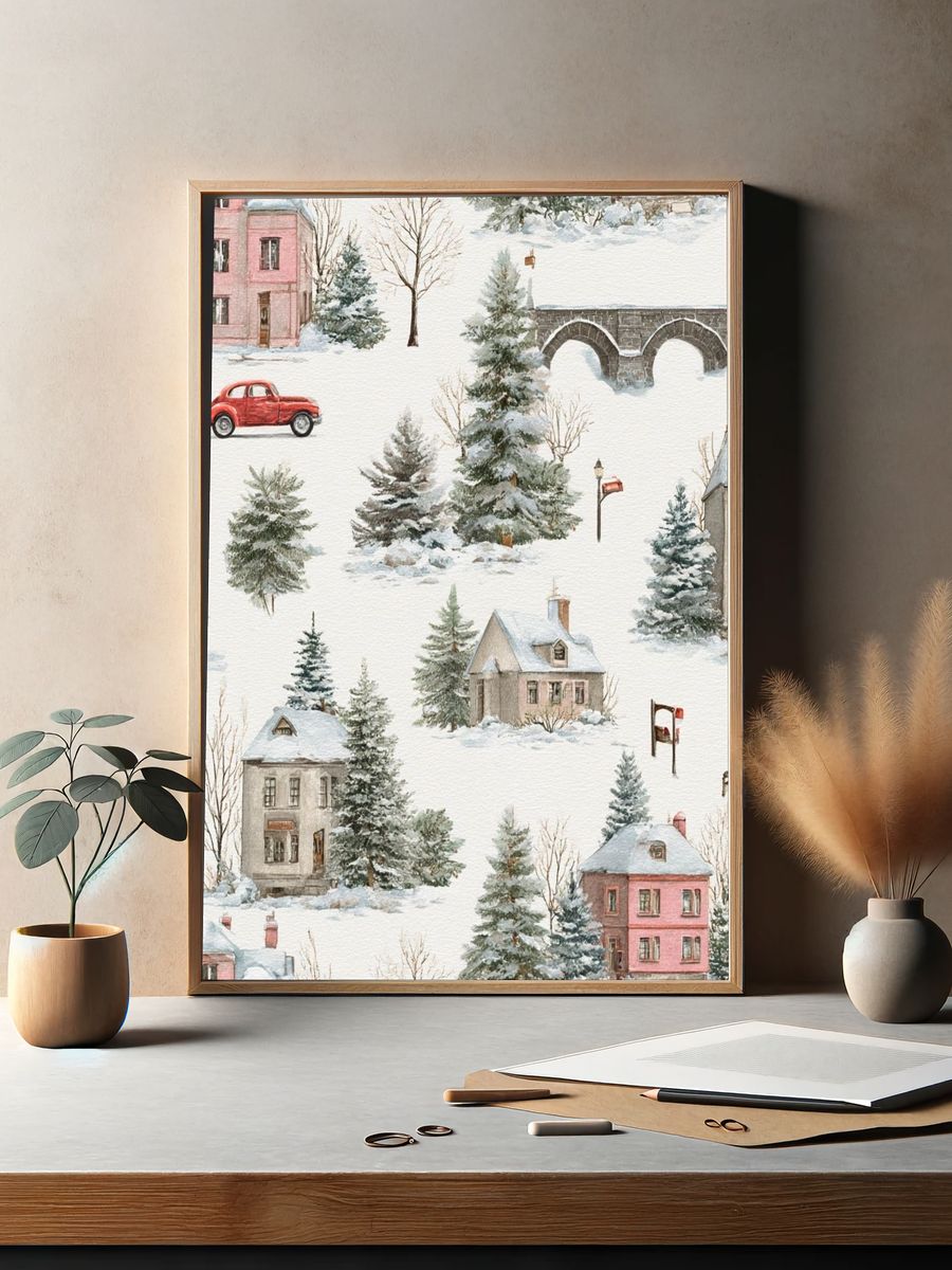 Winter Village Watercolor Print. — room view 2