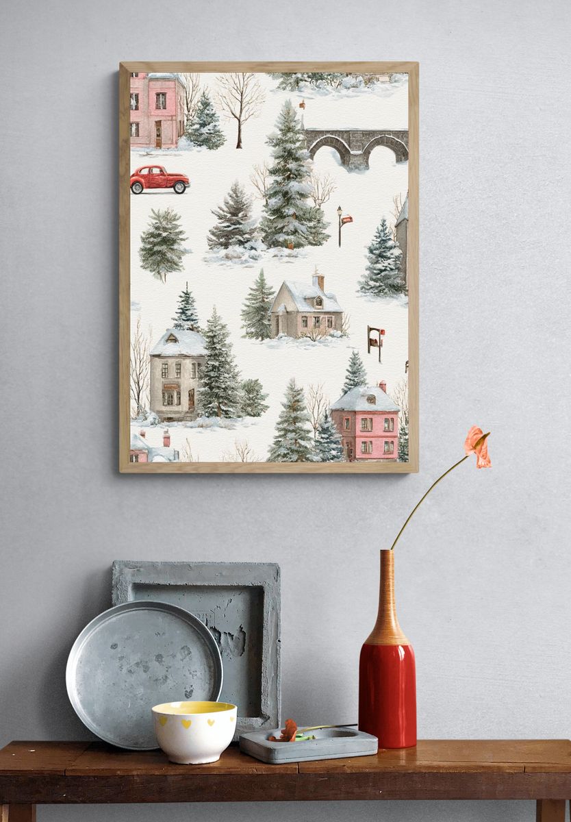 Winter Village Watercolor Print. — room view 3