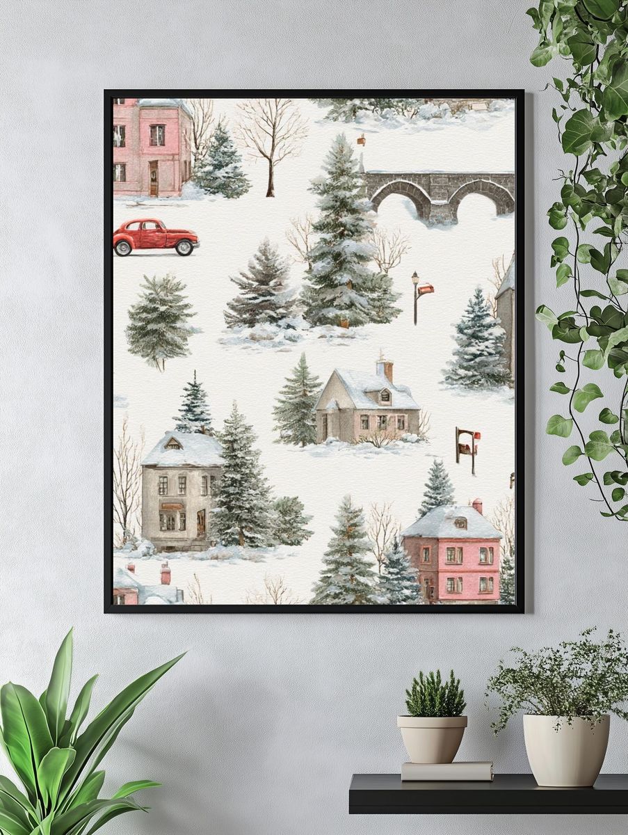 Winter Village Watercolor Print. — room view 4