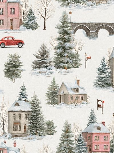 Winter Village Watercolor Print. poster print