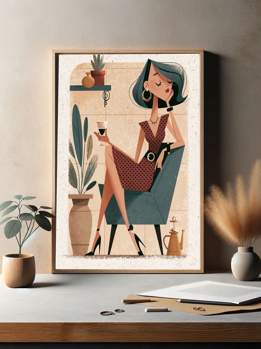 Stylish Woman in Chair Illustration Poster. — room view 2