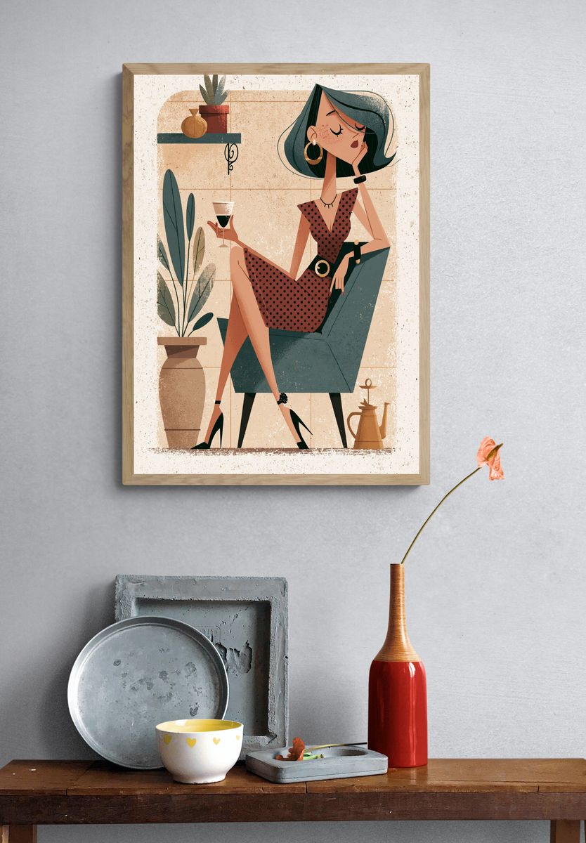 Stylish Woman in Chair Illustration Poster. — room view 3