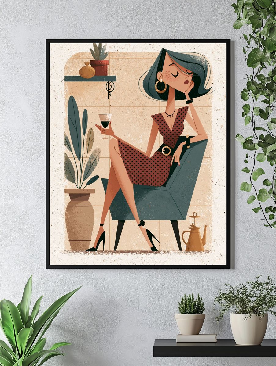 Stylish Woman in Chair Illustration Poster. — room view 4