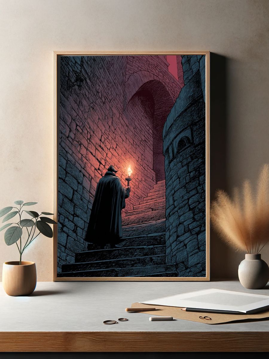 Torchlit Castle Stairway Illustration Poster. — room view 2