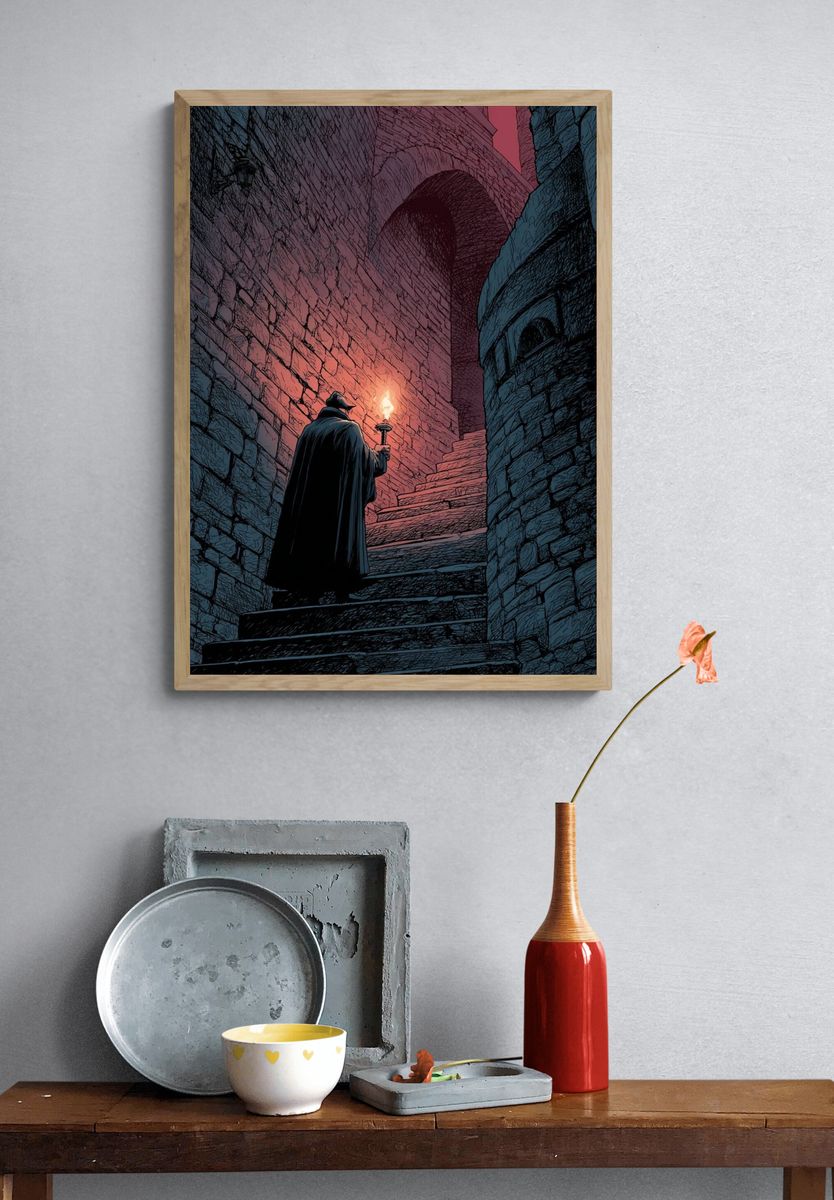 Torchlit Castle Stairway Illustration Poster. — room view 3