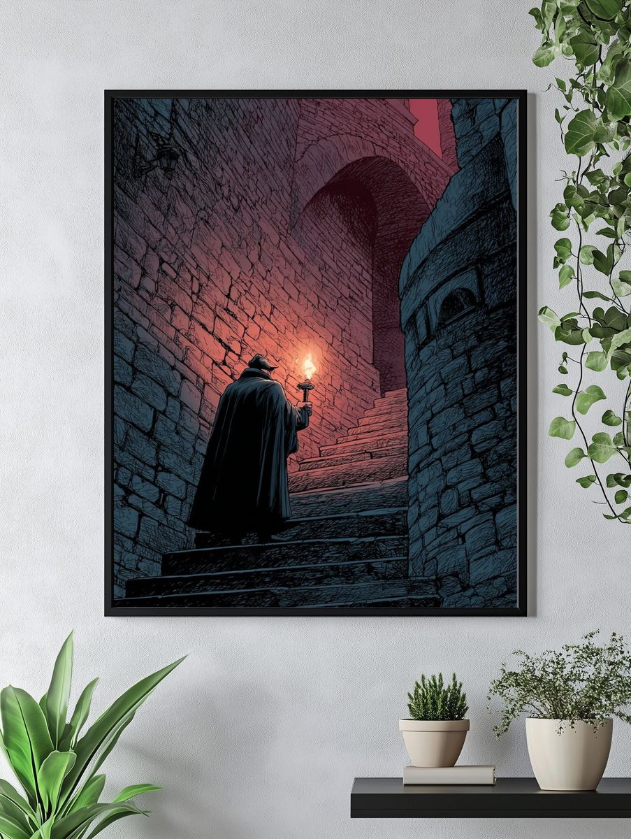 Torchlit Castle Stairway Illustration Poster. — room view 4