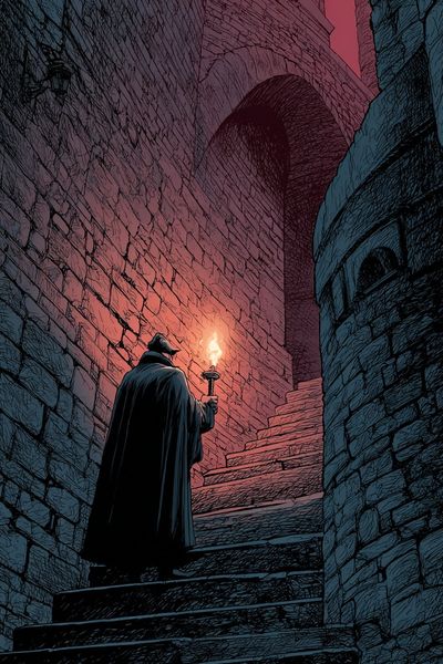 Torchlit Castle Stairway Illustration Poster. poster print