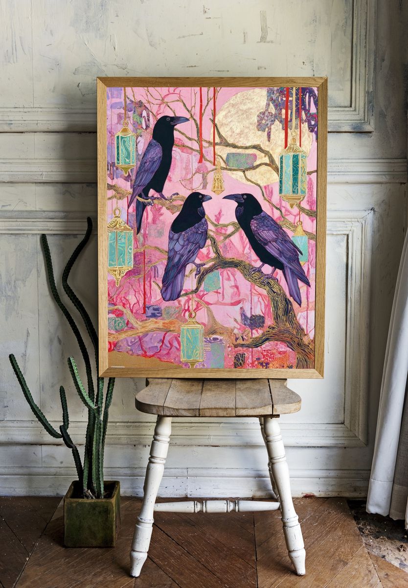 Crows in Pink Moonlight Illustration Poster. — room view 1
