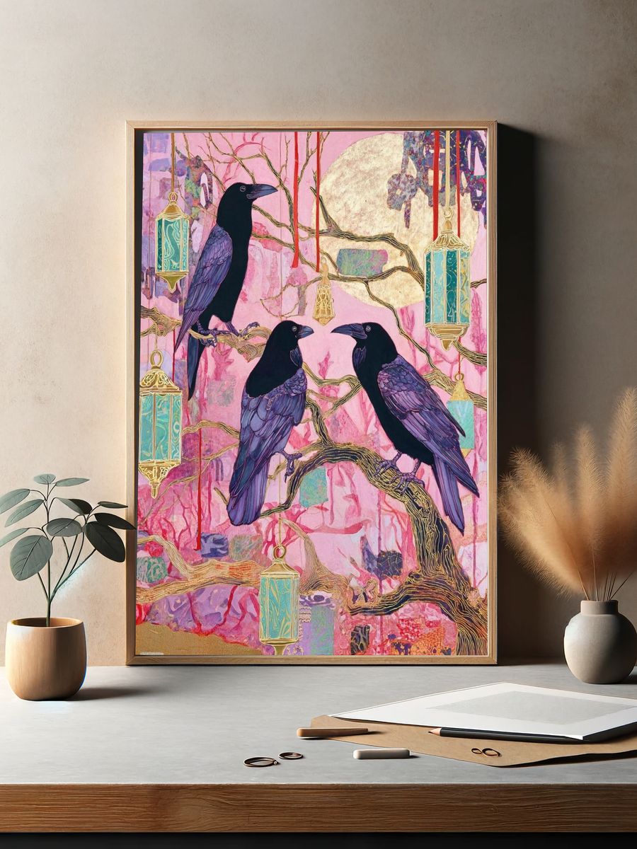 Crows in Pink Moonlight Illustration Poster. — room view 2