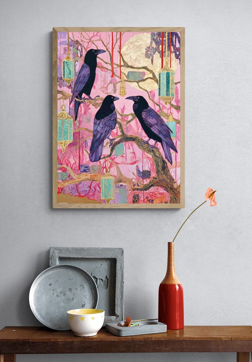 Crows in Pink Moonlight Illustration Poster. — room view 3