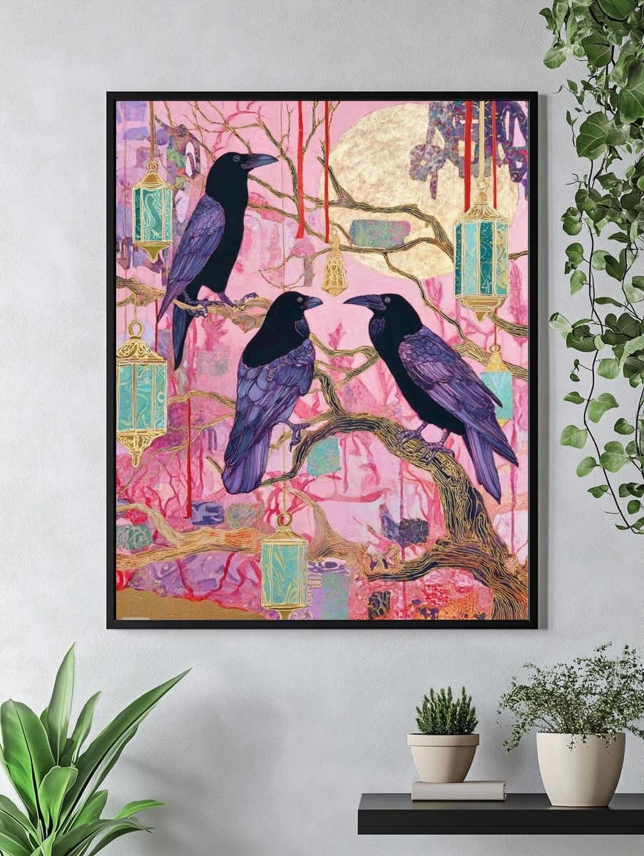 Crows in Pink Moonlight Illustration Poster. — room view 4
