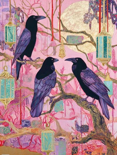 Crows in Pink Moonlight Illustration Poster. poster