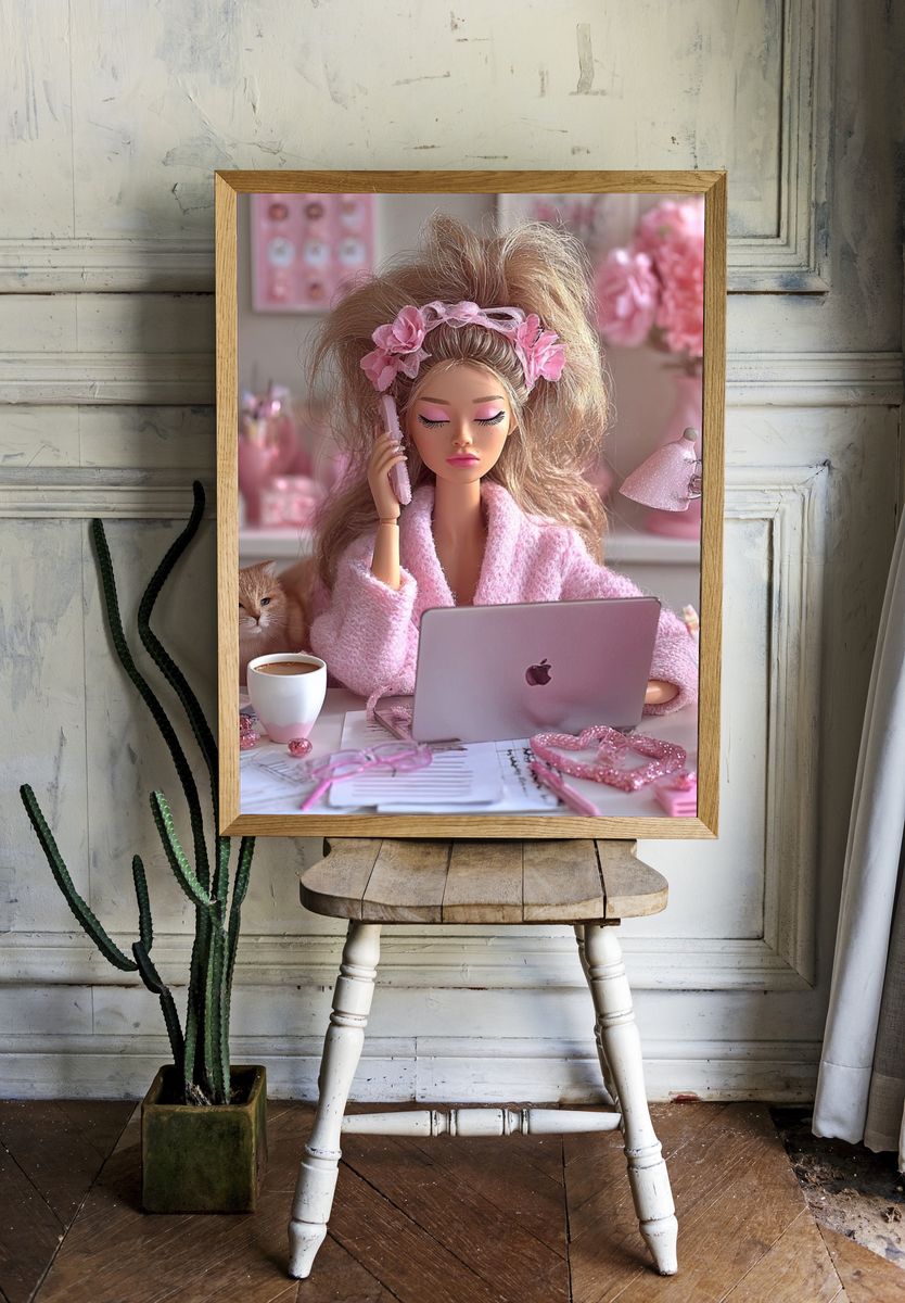 Pink Doll Desk Scene Illustration Print. — room view 1
