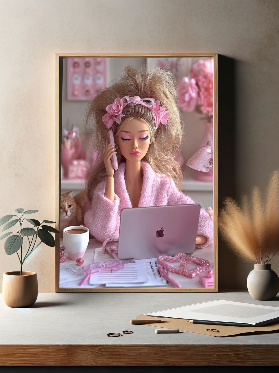 Pink Doll Desk Scene Illustration Print. — room view 2