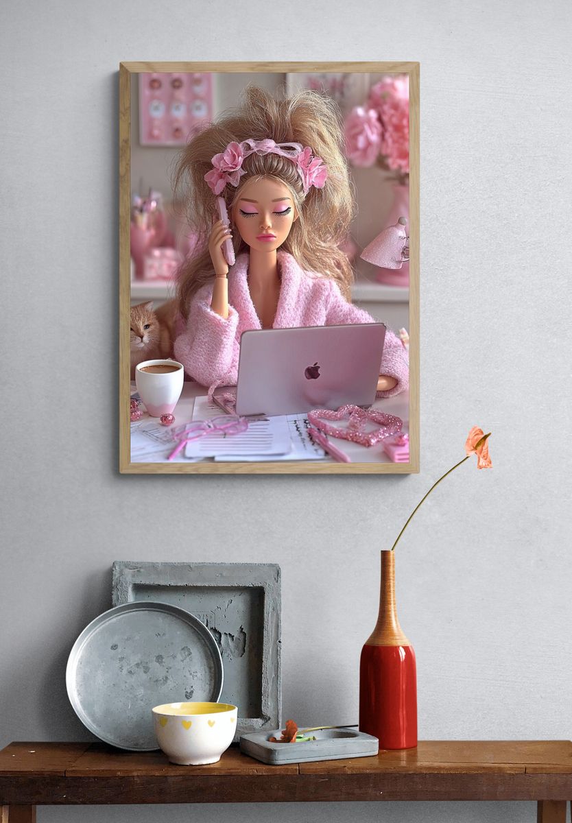 Pink Doll Desk Scene Illustration Print. — room view 3