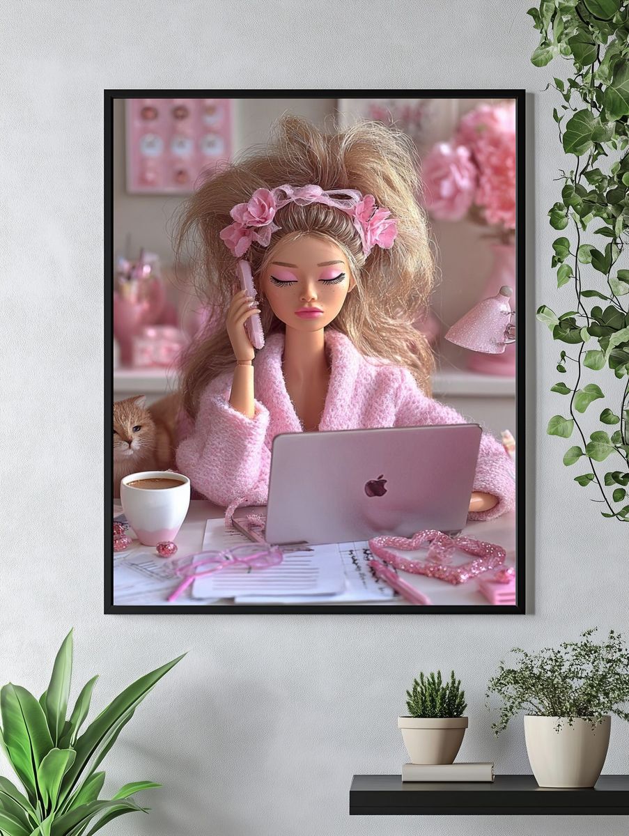 Pink Doll Desk Scene Illustration Print. — room view 4