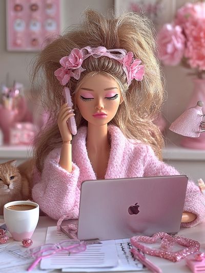 Pink Doll Desk Scene Illustration Print. poster print