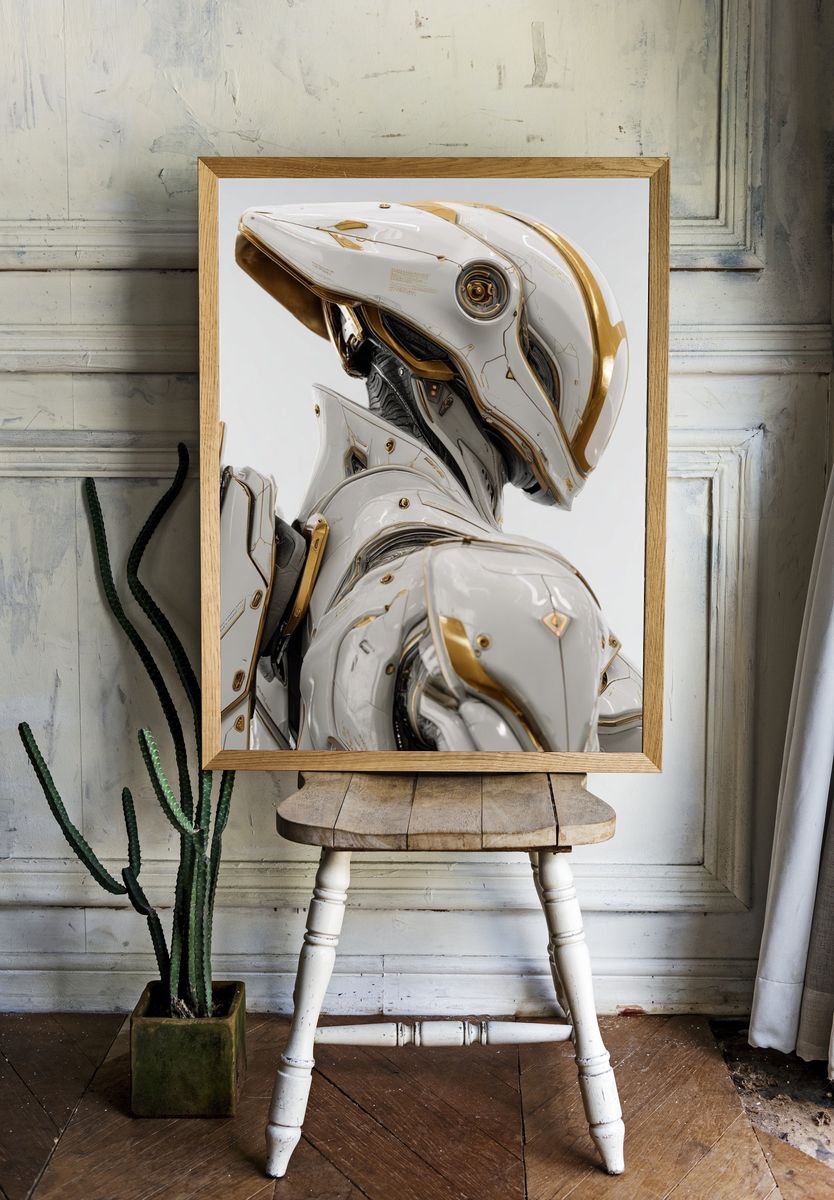 Futuristic White Mecha Illustration Poster. — room view 1