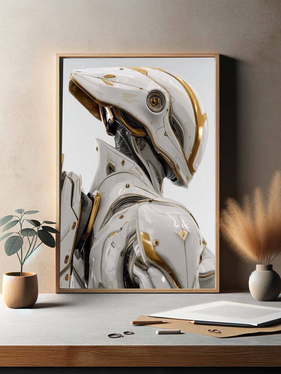 Futuristic White Mecha Illustration Poster. — room view 2
