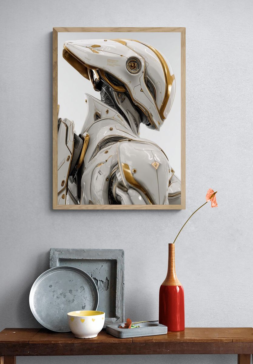 Futuristic White Mecha Illustration Poster. — room view 3