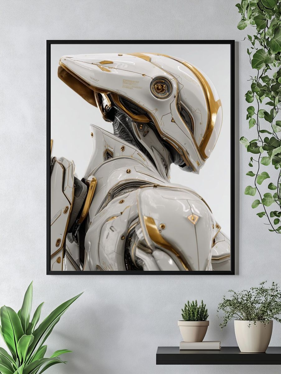 Futuristic White Mecha Illustration Poster. — room view 4