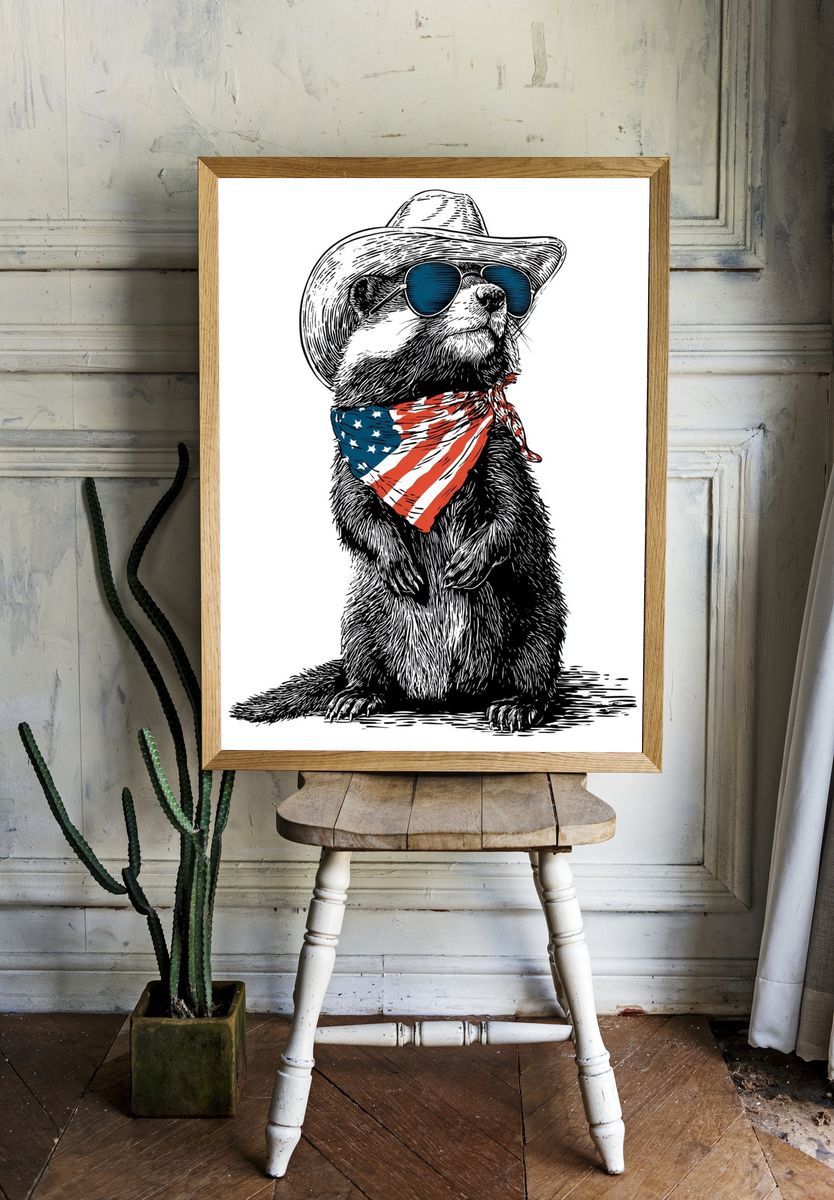 Cowboy Raccoon Illustration Poster. — room view 1