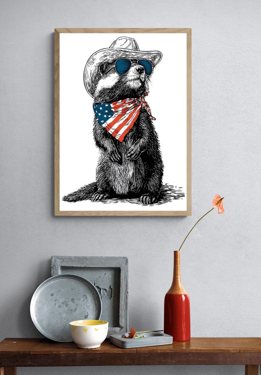 Cowboy Raccoon Illustration Poster. — room view 3