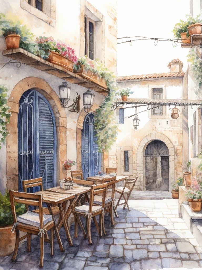 Mediterranean Courtyard Watercolor Print. poster — illustration art