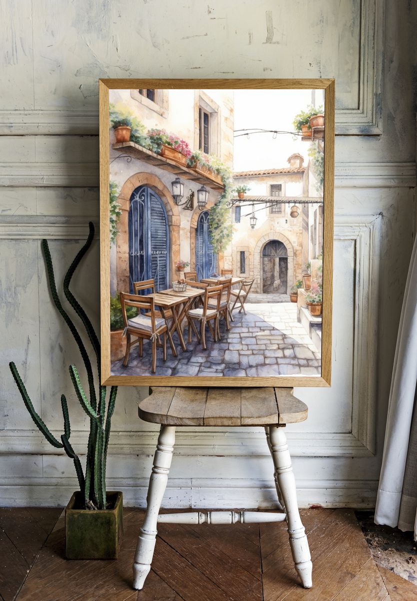 Mediterranean Courtyard Watercolor Print. — room view 1