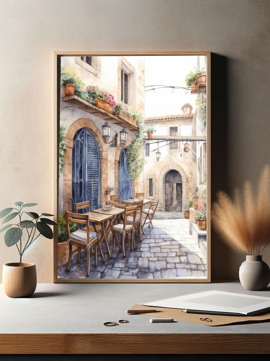 Mediterranean Courtyard Watercolor Print. — room view 2