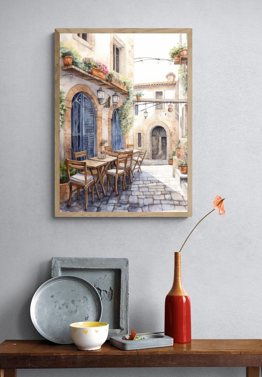 Mediterranean Courtyard Watercolor Print. — room view 3