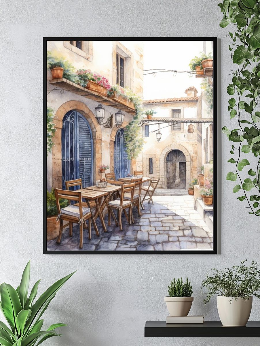Mediterranean Courtyard Watercolor Print. — room view 4