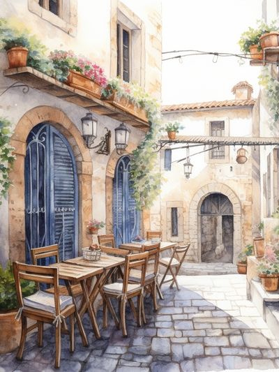Mediterranean Courtyard Watercolor Print. poster print