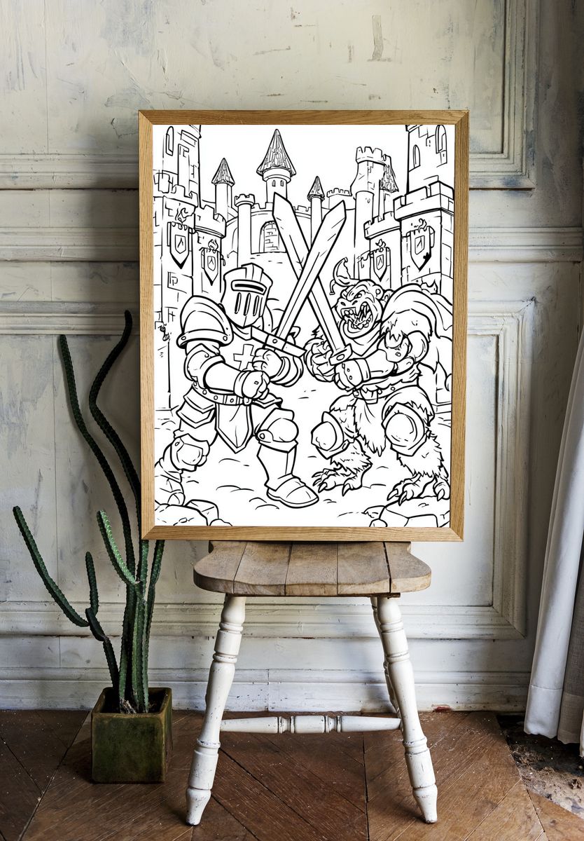 Knight Battle Coloring Poster. — room view 1