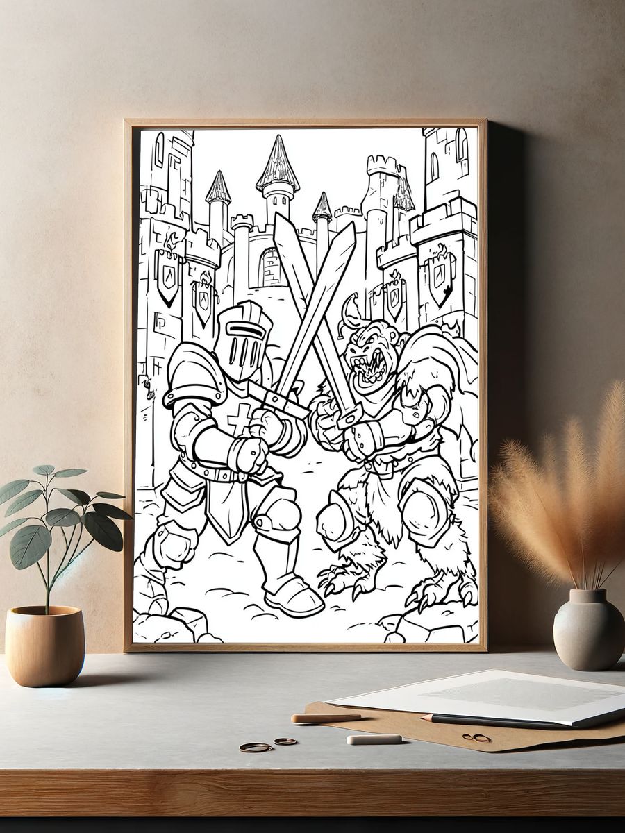 Knight Battle Coloring Poster. — room view 2