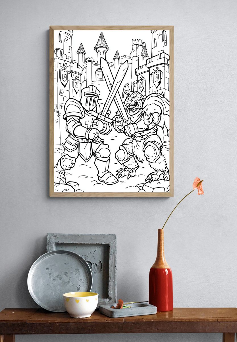 Knight Battle Coloring Poster. — room view 3