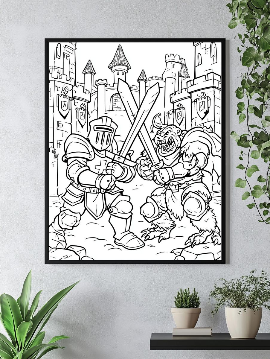 Knight Battle Coloring Poster. — room view 4