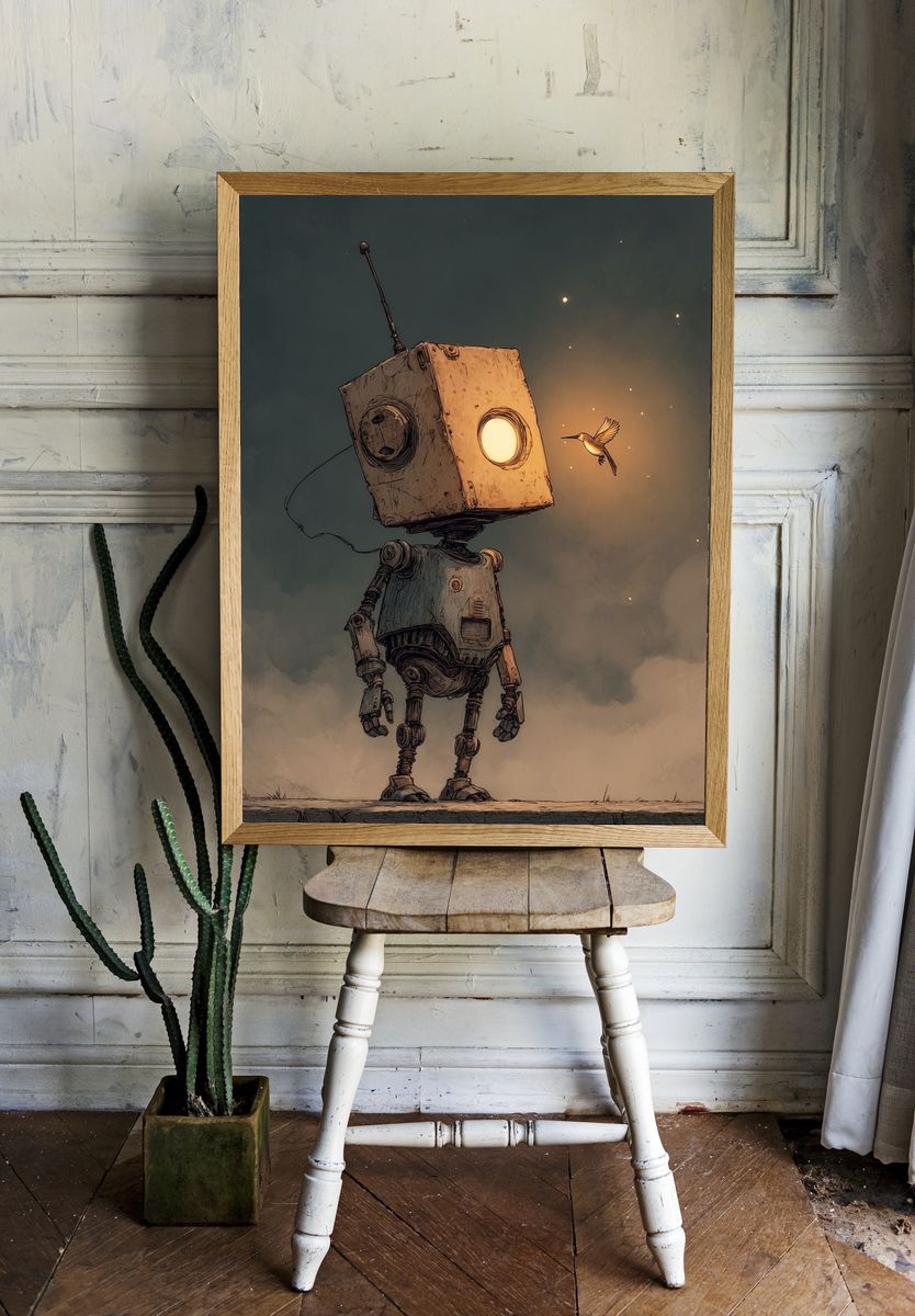 Robot and Hummingbird Illustration Poster. — room view 1