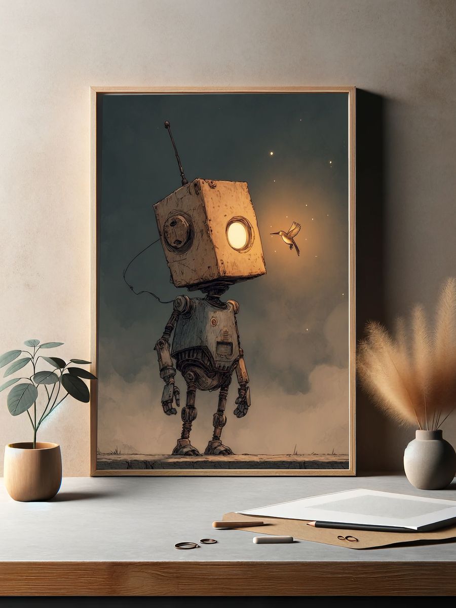 Robot and Hummingbird Illustration Poster. — room view 2