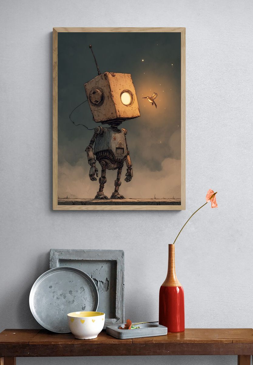 Robot and Hummingbird Illustration Poster. — room view 3